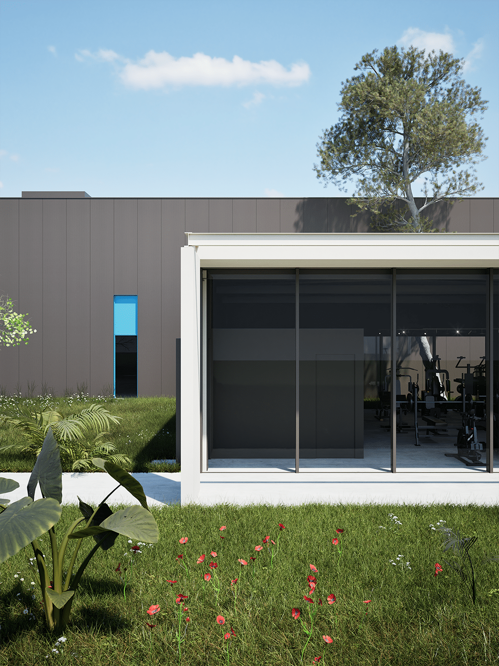 artimec infissi • francesco valentini | architetto regione marche - vista del prospetto principale. Il volume vetrato che ospita una palestra, una sala conferenze, lo showroom e gli uffici.