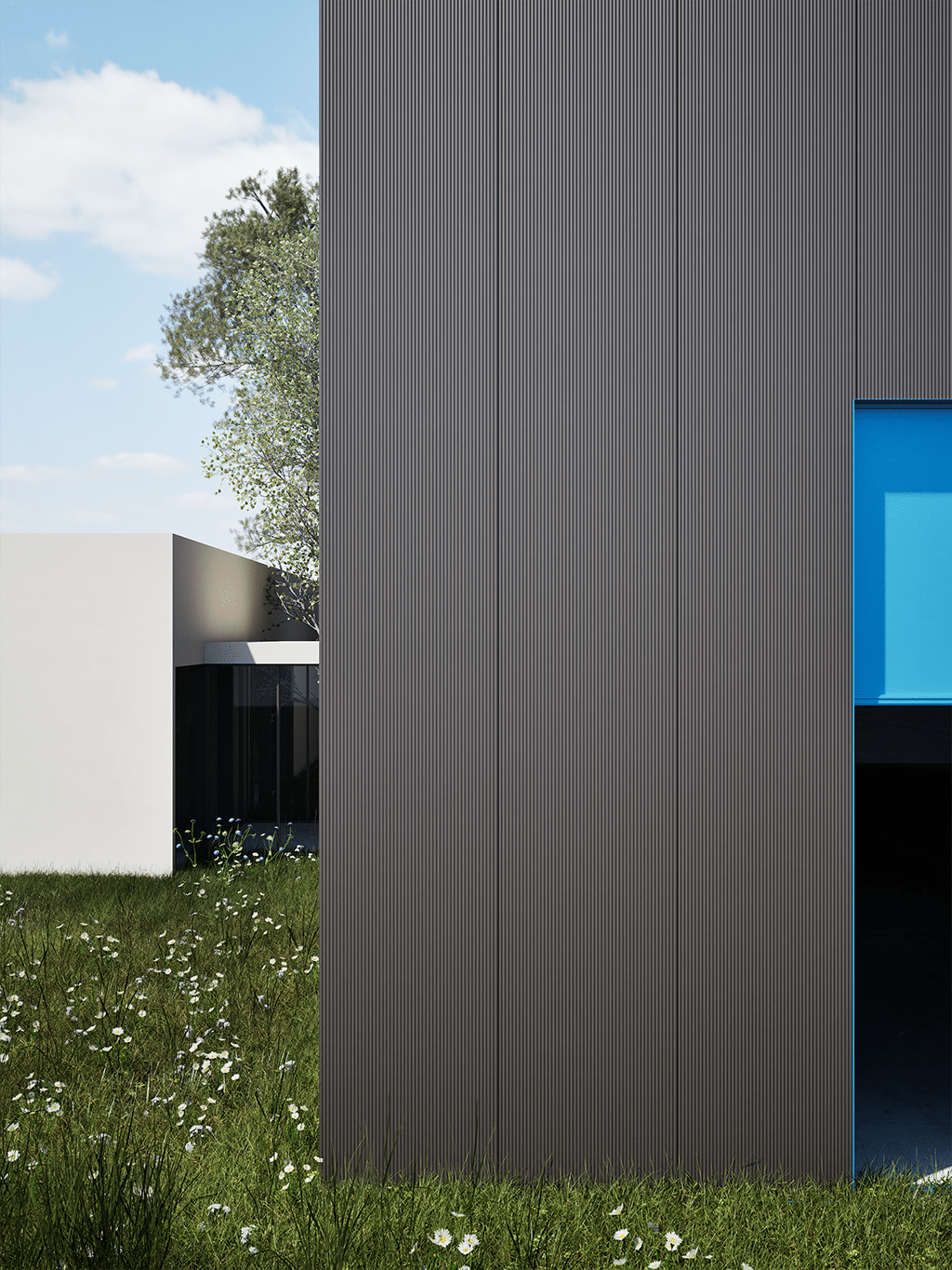 artimec infissi • francesco valentini | architetto regione marche - vista del prospetto principale. Il volume vetrato che ospita una palestra, una sala conferenze, lo showroom e gli uffici.