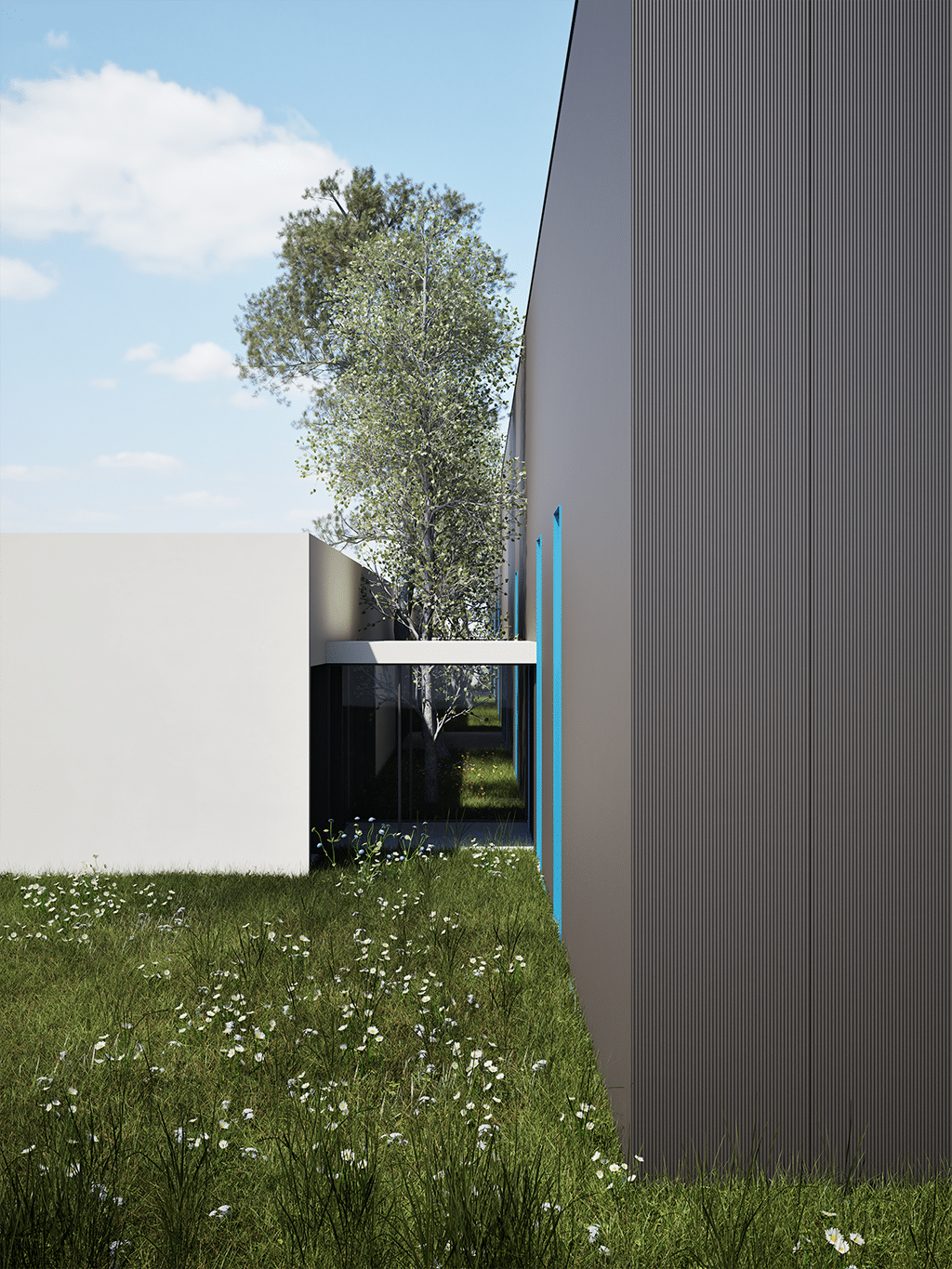 artimec infissi • francesco valentini | architetto regione marche - vista del prospetto principale. Il volume vetrato che ospita una palestra, una sala conferenze, lo showroom e gli uffici. Qui vista dei diaframmi vetrati di collegamento della palazzina uffici con lo stabilimento produttivo. Al suo interno si creano dei patii trattati con verde.