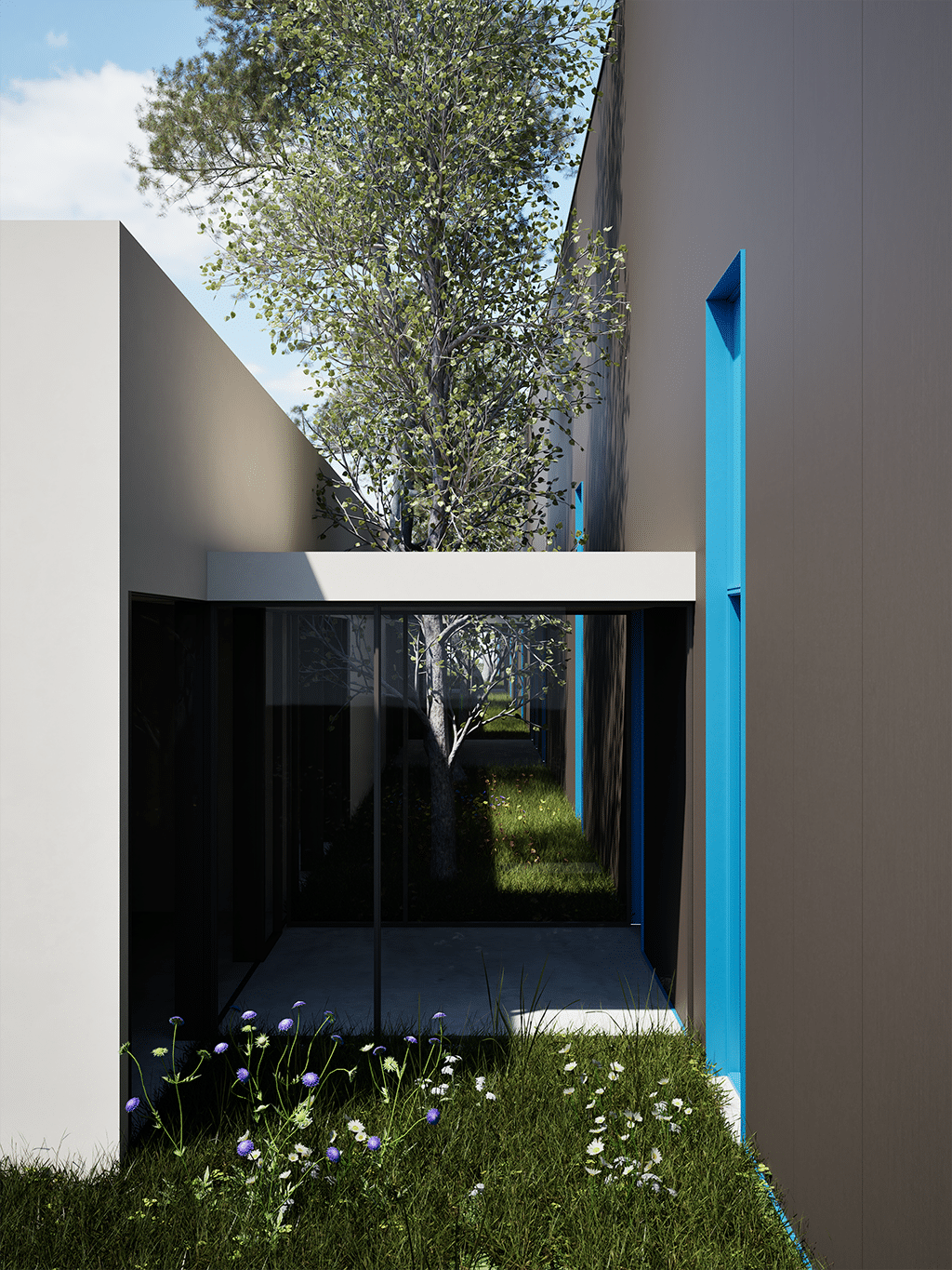 artimec infissi • francesco valentini | architetto regione marche - vista del prospetto principale. Il volume vetrato che ospita una palestra, una sala conferenze, lo showroom e gli uffici. Qui vista dei diaframmi vetrati di collegamento della palazzina uffici con lo stabilimento produttivo. Al suo interno si creano dei patii trattati con verde.
