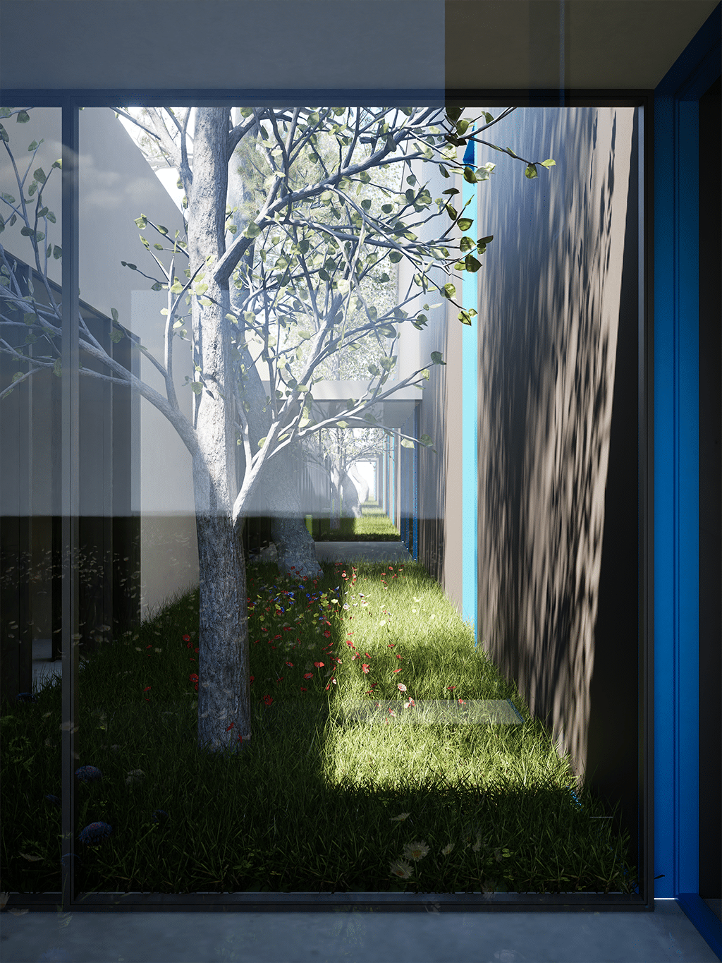 artimec infissi • francesco valentini | architetto regione marche - vista del prospetto principale. Il volume vetrato che ospita una palestra, una sala conferenze, lo showroom e gli uffici. Qui vista dei diaframmi vetrati di collegamento della palazzina uffici con lo stabilimento produttivo. Al suo interno si creano dei patii trattati con verde.