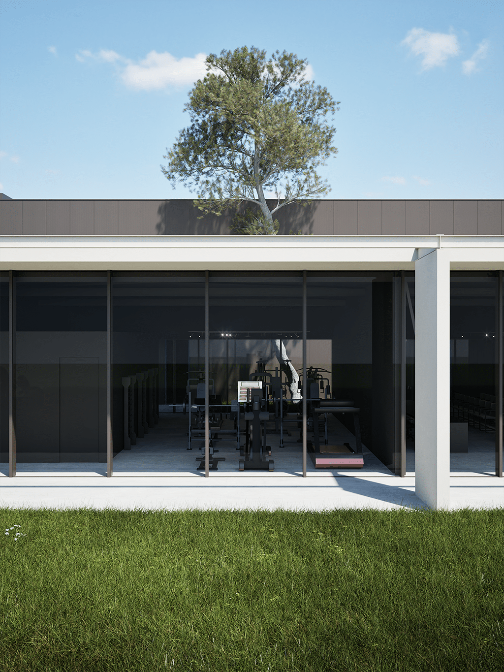 artimec infissi • francesco valentini | architetto regione marche - vista del prospetto principale. Il volume vetrato che ospita una palestra, una sala conferenze, lo showroom e gli uffici.