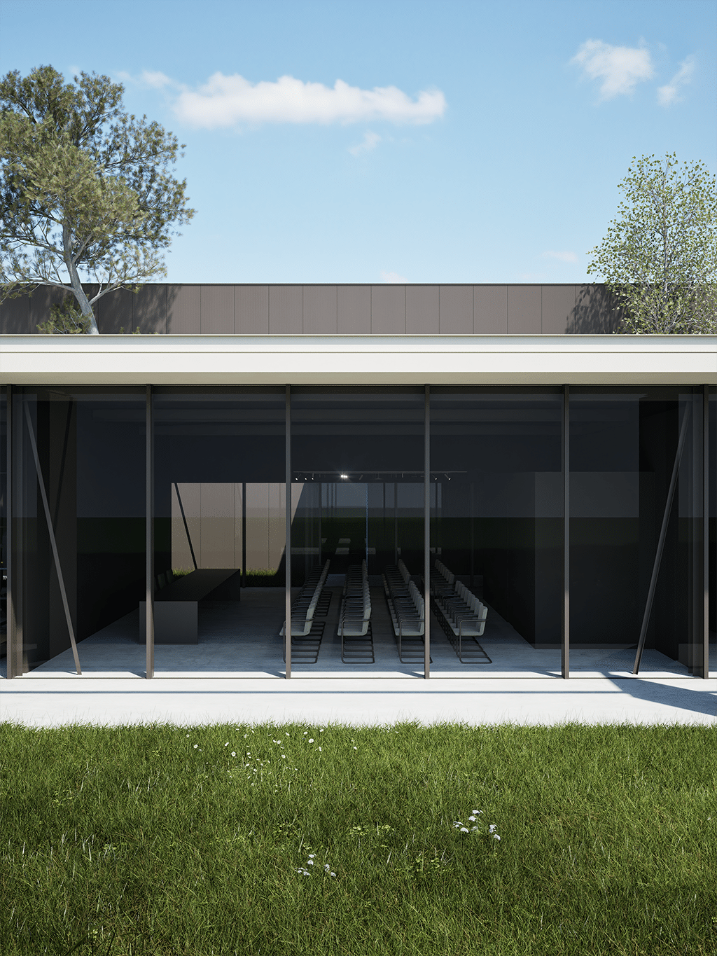 artimec infissi • francesco valentini | architetto regione marche - vista del prospetto principale. Il volume vetrato che ospita una palestra, una sala conferenze, lo showroom e gli uffici.