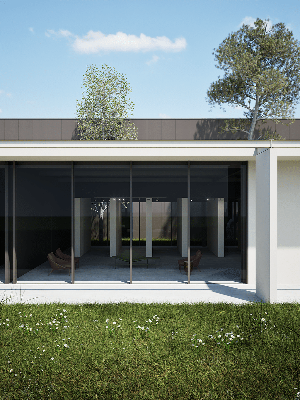 artimec infissi • francesco valentini | architetto regione marche - vista del prospetto principale. Il volume vetrato che ospita una palestra, una sala conferenze, lo showroom e gli uffici.