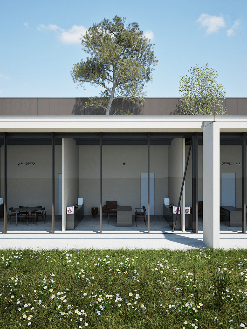 artimec infissi • francesco valentini | architetto regione marche - vista del prospetto principale. Il volume vetrato che ospita una palestra, una sala conferenze, lo showroom e gli uffici.