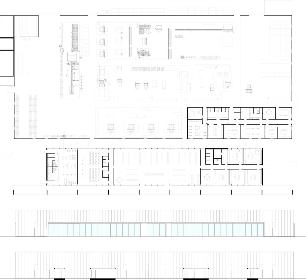 artimec infissi • francesco valentini | architetto regione marche - planimetria del piano terra, prospetto principale e sezione longitudinale nel patio.